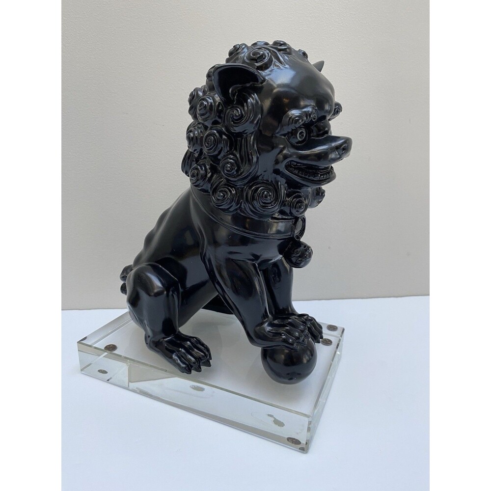 Modern Black Heavy Ceramic Chinese Foo Dog on Large Lucite Base Statue / Bookend - Picture 7 of 10
